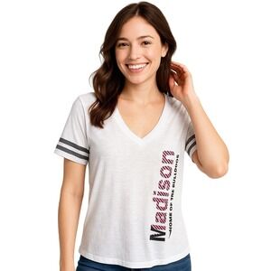 Boxercraft Sporty Slub Tee White V-Neck Madison Bulldogs Graphic Striped Varsity